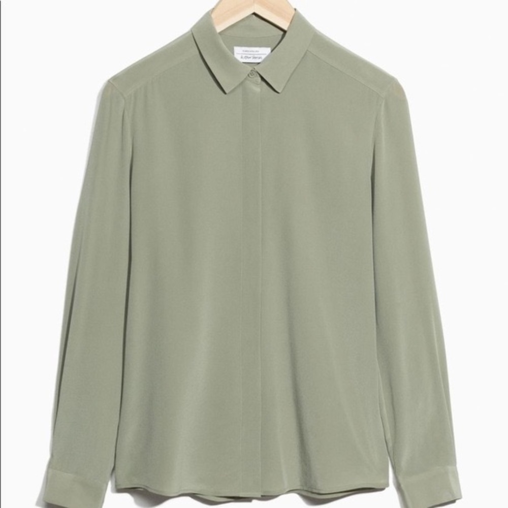 & other stories olive green silk button down shirt